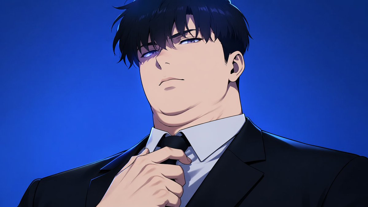 生成一张低角度的动漫或网漫风格肖像，描绘一名身穿西装、正在整理领带的魁梧男子。