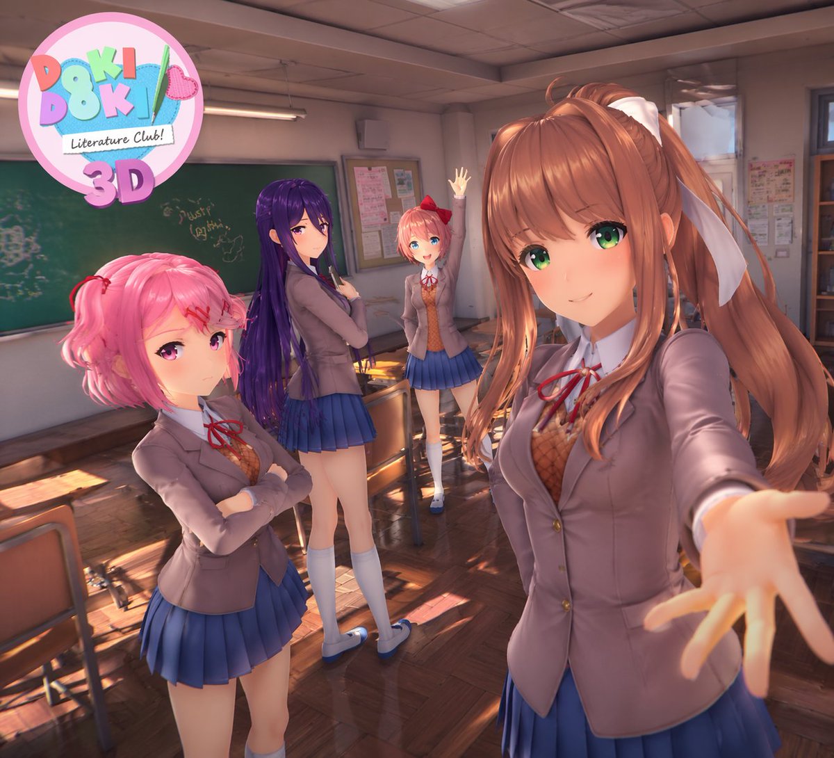 生成一张 3D 动漫风格的宣传图，展示四名身处教室的女高中生，并包含可自定义的游戏 Logo。